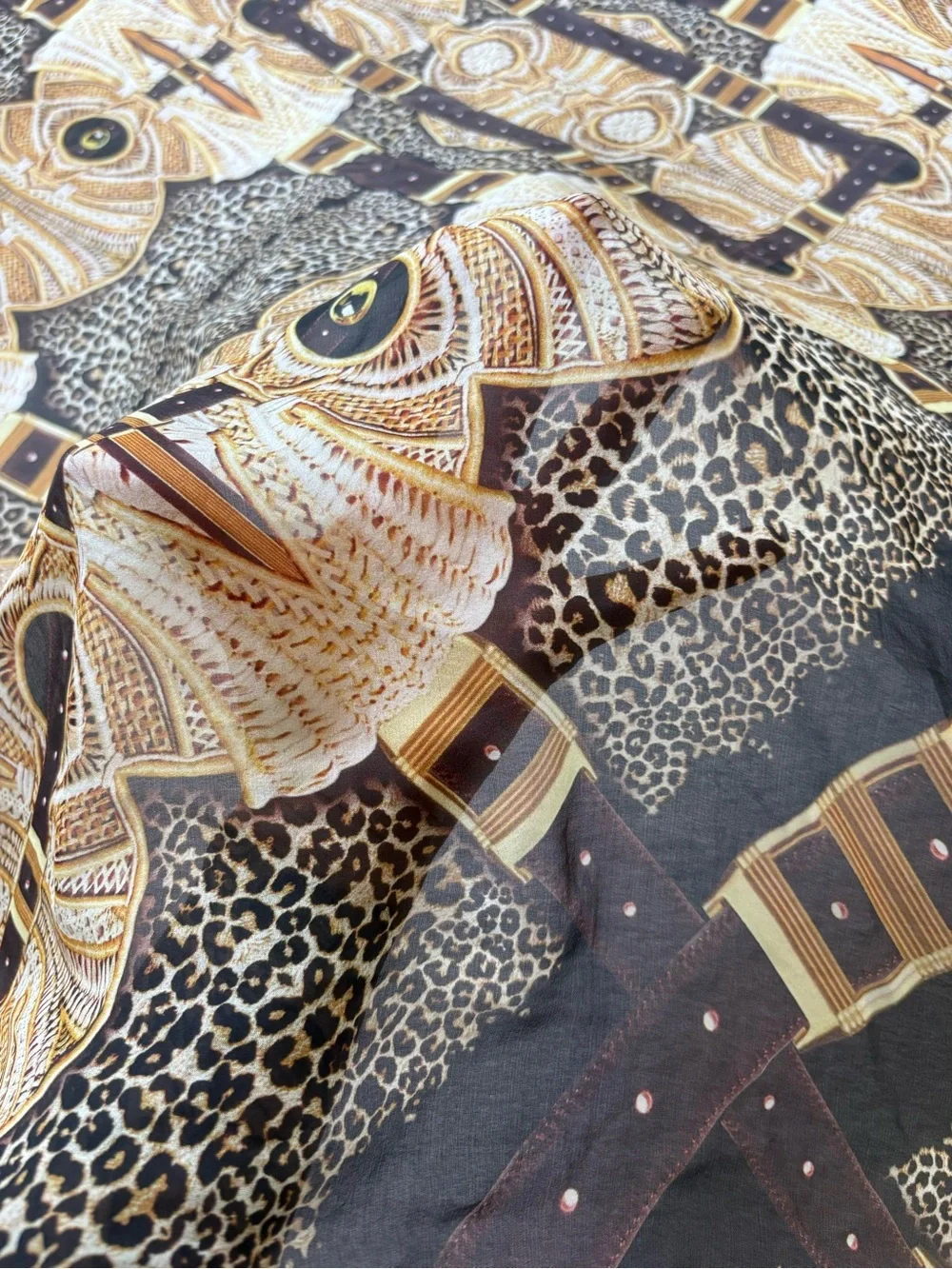 100% Silk Luxury Leopard & Chain Print Scarf in Black, Brown & Gold
